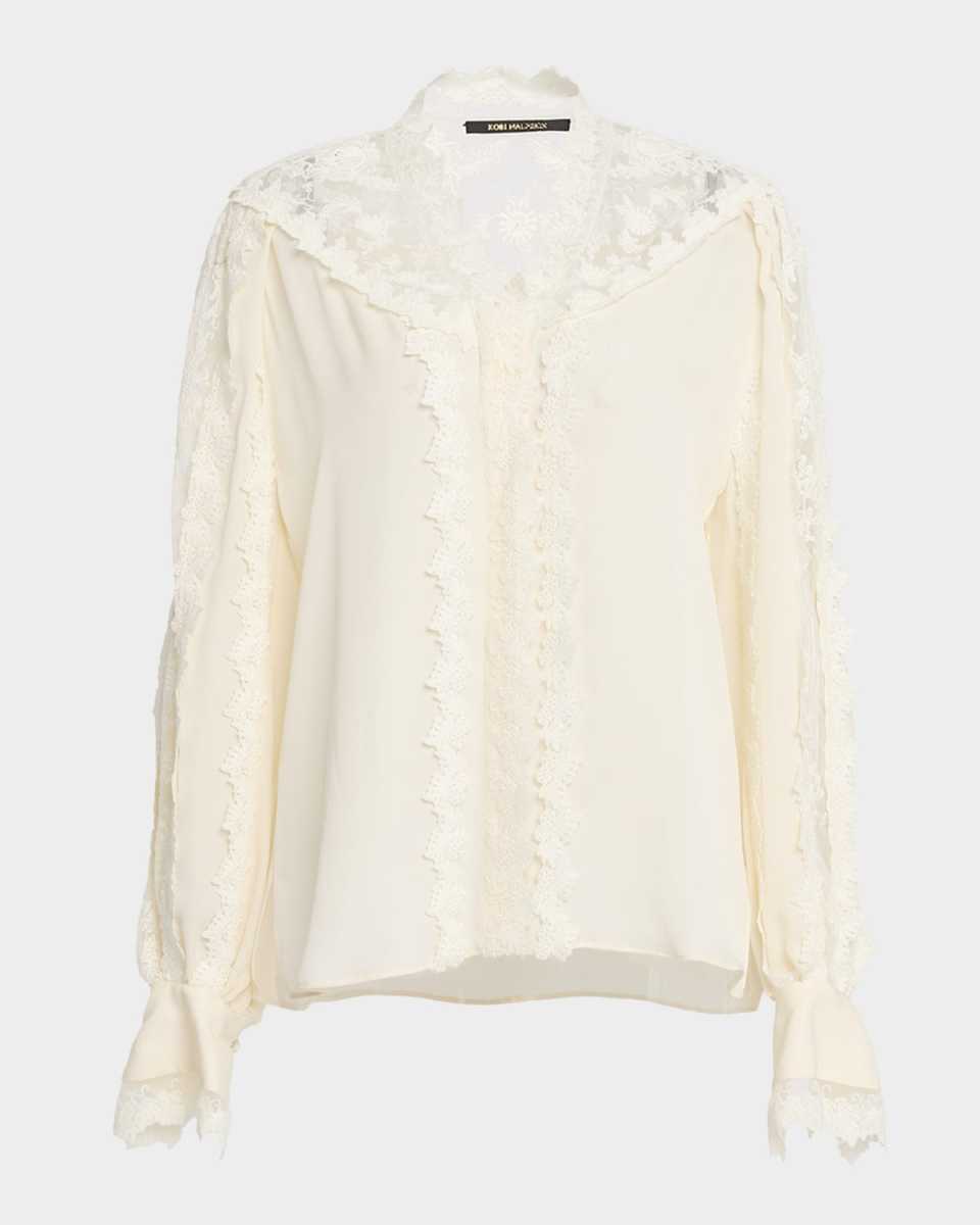 Miguel Embroidered Sheer-Inset Silk Blouse